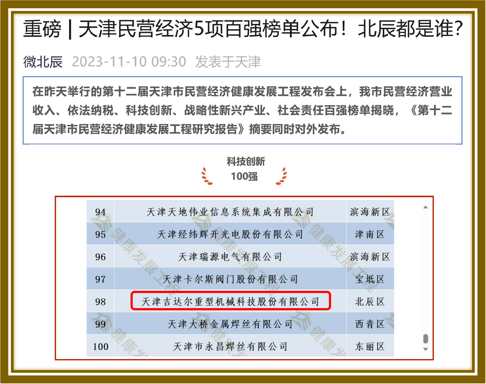 天津民營(yíng)經(jīng)濟(jì)科技創(chuàng)新100強(qiáng)